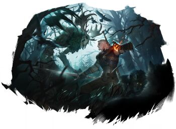 1boy absurdres antlers armor belt bird border brown_belt brown_pants chainmail crow fighting fire forest game_cg geralt_of_rivia gloves half_updo highres holding holding_sword holding_weapon horns leshen medium_hair monster nature non-web_source official_art pants pyrokinesis scar scar_on_face skull sword sword_of_convallaria sword_on_back the_witcher_(series) the_witcher_3 transparent_border weapon weapon_on_back white_hair witcher_medallion wolf yellow_eyes