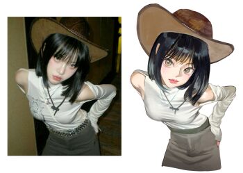 1girl absurdres bare_shoulders black_hair breasts brown_eyes brown_hat brown_skirt choppy_bangs cowboy_hat cowboy_shot derivative_work eyeliner hand_on_own_ass hashtag-only_commentary hat head_tilt highres jewelry long_sleeves looking_at_viewer makeup mole mole_under_eye necklace original photo-referenced photo_inset pink_eyeliner pink_lips seto_jiro shirt short_hair simple_background skirt small_breasts solo standing thick_lips white_background white_shirt