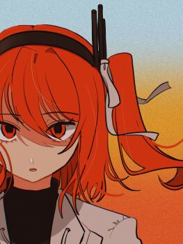 1girl a.i._voice adachi_rei black_hairband black_shirt blue_background empty_eyes expressionless gradient_background gradient_sky hair_ribbon hairband highres jacket looking_at_viewer medium_hair mui_(tqxg4) open_clothes open_jacket open_mouth orange_background orange_eyes orange_hair portrait radio_antenna ribbon shaded_face shirt side_ponytail sky solo static swept_bangs turtleneck utau white_jacket white_ribbon