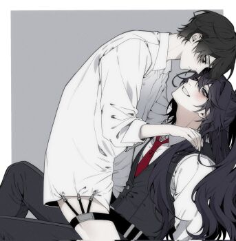 2boys 3cnfw belt black_belt black_eyes black_hair black_pants black_vest blue_eyes border from_side grey_background half_updo hand_on_another's_shoulder hashtag-only_commentary heterochromia highres hong_lu_(project_moon) limbus_company long_hair looking_at_another multiple_boys necktie pants project_moon purple_hair red_necktie shirt shirt_stay simple_background smile thigh_strap vest white_border white_shirt yaoi yi_sang_(project_moon)