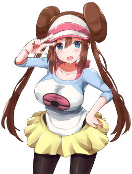 Rule 34 | 1girl, black pantyhose, blue eyes, breasts, brown hair, commentary request, cowboy shot, donut hair bun, double bun, hair bun, hand on own hip, highres, large breasts, long hair, looking at viewer, misahiro, nintendo, open mouth, pantyhose, pokemon, pokemon bw2, raglan sleeves, rosa (pokemon), simple background, skirt, solo, twintails, visor cap, w over head, white background, yellow skirt