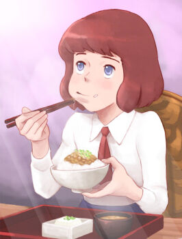 1girl bad_id bad_pixiv_id blue_eyes blush brown_hair castle_of_cagliostro clarisse_de_cagliostro commentary_request eating female_focus food lafolie lupin_iii nattou retro_artstyle short_hair sitting solo