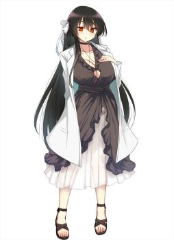 1girl black_hair black_panties blush braid breasts choker hair_ribbon highres jacket jewelry large_breasts looking_at_viewer mix_tou open_mouth panties rance_(series) rance_x red_eyes ribbon ring sandals sidelocks single_braid skirt solo tachi-e tori_(minamopa) underwear wedding_ring