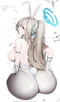 1girl adapted_costume alternate_hairstyle animal_ear_hairband animal_ears ass ass_focus asuna_(blue_archive) asuna_(bunny)_(blue_archive) bare_shoulders blue_archive blue_eyes blue_halo blue_ribbon breasts brown_hair corrupted_twitter_file elbow_gloves fake_animal_ears fake_tail from_behind gloves grabbing_own_ass hair_ribbon hairband halo highres huge_ass huge_breasts korean_text long_hair looking_at_viewer ness_(pjw0168) pantyhose ponytail puckered_lips rabbit_ear_hairband rabbit_ears rabbit_tail ribbon sideboob simple_background sitting skindentation solo tail translation_request very_long_hair white_background white_gloves white_pantyhose