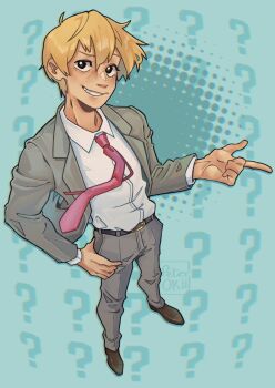 Rule 34 | 1boy, ?, absurdres, belt, blonde hair, brown shoes, collared shirt, commentary, floating clothes, floating hair, floating neckwear, foreshortening, formal clothes, from above, grey jacket, grey pants, grey suit, hand on own hip, hand up, highres, index finger raised, jacket, looking at viewer, looking up, male focus, mob psycho 100, necktie, open clothes, open jacket, pants, parted lips, patterned background, peterokii, pink necktie, raised eyebrow, reigen arataka, shirt, shoes, signature, smirk, solo, suit