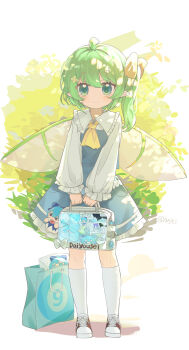 1girl ascot bag blue_skirt blue_vest bow character_charm charm_(object) circled_9 cirno closed_mouth collared_shirt daiyousei fairy_wings frilled_shirt_collar frilled_skirt frills full_body green_eyes green_hair hair_bow highres holding holding_bag hxj_(2324184595) kneehighs light_smile long_sleeves looking_at_viewer one_side_up pointy_ears shirt shoes skirt socks solo touhou vest white_shirt white_socks wings yellow_ascot yellow_bow
