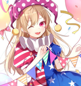 1girl :d american_flag_dress balloon blonde_hair blush bunting clownpiece commentary_request confetti dress fairy_wings hat highres jester_cap long_hair looking_at_viewer neck_ruff one_eye_closed open_mouth polka_dot_headwear puffy_short_sleeves puffy_sleeves purple_eyes purple_hat short_sleeves smile solo star_(symbol) star_print striped_clothes striped_dress touhou upper_body very_long_hair white_background wings yurui_tuhu