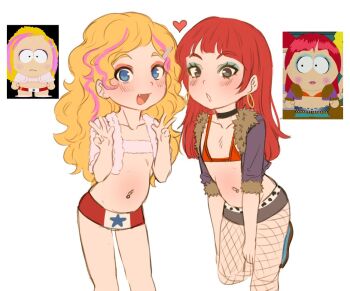 2girls bebe_stevens bikini blonde_hair blue_eyes blush choker dildo_reveal earrings eyeshadow fang fishnets flat_chest jacket jewelry loli long_hair looking_at_viewer makeup micro_bikini miniskirt multiple_girls navel p0kan1 photo-referenced red_eyes red_mcarthur shoes simple_background skirt smile south_park stomach strapless swimsuit thighs tube_top white_background