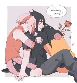 ... ...? 1girl 2boys arms_around_shoulders arms_around_waist black_eyes black_hair black_legwear black_pants black_shirt blonde_hair bob_cut border bracelet english_text eyebrows flower forehead forehead_protector grey_background hand_on_ground haruno_sakura headband highres holding holding_flower hug hug_from_behind jacket jewelry leaning_on_person looking_at_another multiple_boys naruto_(series) naruto_shippuuden necklace orange_jacket pale_skin pants parted_lips petals pink_hair profile rose seirorath shirt short_hair short_sleeves sitting speech_bubble spiked_hair surprised sweatdrop t-shirt teeth uchiha_sasuke uzumaki_naruto white_border wristband