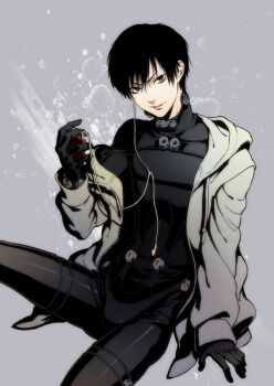 1boy aokimutsumi black_bodysuit black_hair bodysuit bodysuit_under_clothes mp3_player earphones gantz gantz_suit holding_mp3_player hood hood_down hooded_jacket invisible_chair jacket long_sleeves looking_at_viewer male_focus nishi_jouichirou open_clothes open_jacket parted_lips short_hair sitting smile solo