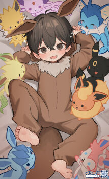 1boy absurdres animal_costume barefoot black_hair brown_eyes commentary cosplay eevee eevee_(cosplay) espeon fang flareon gen_1_pokemon gen_2_pokemon gen_4_pokemon gen_6_pokemon glaceon highres jolteon leafeon long_sleeves lying male_focus nintendo omurice_(roza4957) on_back open_mouth original pokemon pokemon_(creature) short_hair soles sylveon toes umbreon vaporeon