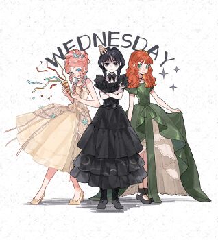 Rule 34 | 3girls, absurdres, aqua eyes, black boots, black collar, black dress, black eyes, black hair, black shoes, boots, bow, braid, character name, character request, chinese commentary, collar, commentary request, detached collar, disembodied hand, dress, footwear bow, frilled dress, frills, full body, green dress, green eyes, hand on another's head, high-low dress, high heels, highres, hui mianbao ji, lace-up boots, long dress, medium hair, multicolored hair, multiple girls, orange hair, pink hair, platform sandals, pumps, sandals, shoes, short sleeves, standing, streamers, the addams family, twin braids, updo, wavy hair, wednesday (netflix), wednesday addams, yellow dress, yellow shoes