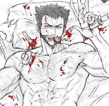abs animification beard bed blood blood_on_chest blood_on_face blood_on_hands blush bone chest_hair claw_(weapon) deadpool_&amp;_wolverine deadpool_(series) facial_hair gyeleul highres implied_sex implied_yaoi injury knife male_focus marvel marvel mouth_hold muscular nipples nude on_bed pectorals pillow rough_sex severed_finger stab tears torn_pillow weapon wolverine_(x-men) x-men