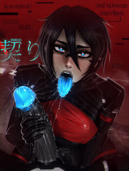 1boy 1girl after_fellatio android armor blue_eyes blue_penis blue_tongue breasts censored colored_tongue commentary covered_erect_nipples distortion earclip elster_(signalis) english_commentary from_above german_text girthy_penis grey_lips hair_between_eyes hetero highres large_penis large_testicles looking_at_viewer medium_breasts mosaic_censoring nyuunzi open_mouth out_of_character penis pointless_censoring pov saliva saliva_trail short_hair shoulder_armor signalis solo_focus taut_clothes teeth testicles tongue tongue_out translated uncensored upper_teeth_only