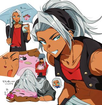 1boy abs absurdres bird black_hairband black_jacket blue_eyes crop_top dark-skinned_male dark_skin dj.coo grey_hair grgrton grin hairband highres holding holding_umbrella ibara_chisato jacket leaning_forward long_hair looking_at_viewer male_focus multiple_views open_clothes open_jacket open_mouth penguin ponytail pretty_rhythm pretty_rhythm_rainbow_live pretty_series simple_background sleeveless sleeveless_jacket smile translation_request umbrella white_background