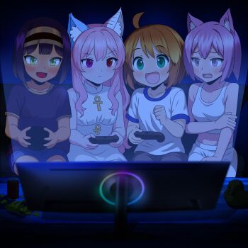 4girls ahoge akemi_the_kitten_(character) animal_ear_fluff animal_ears astarte_(surio) borrowed_character breasts brown_hair caar_benziman closed_mouth commentary controller crop_top dark-skinned_female dark_skin english_commentary flat_chest green_eyes hair_between_eyes hairband highres holding holding_controller indoors medium_breasts meiko_(inuarashi) midriff multiple_girls open_mouth original playing_games purple_eyes purple_hair red_eyes second-party_source shirt short_sleeves sorbet_(hotel01) t-shirt tank_top
