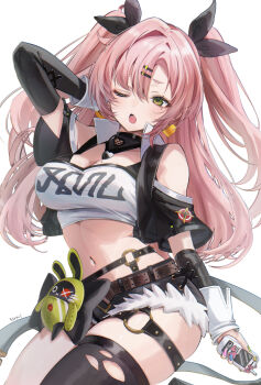 1girl arm_up belt black_ribbon black_shorts breasts cellphone cleavage clothing_cutout commentary cowboy_shot crop_top cutoffs earrings flip_phone green_eyes green_nails hair_ornament hairclip heart heart_earrings heart_necklace highres holding holding_phone jewelry large_breasts long_hair micro_shorts mole mole_on_breast mole_under_eye navel nayul_illust necklace nicole_demara one_eye_closed open_mouth phone pink_hair ribbon shorts shoulder_cutout signature single_thighhigh strapless thigh_belt thigh_strap thighhighs torn_clothes torn_thighhighs tube_top two_side_up white_tube_top white_wrist_cuffs wrist_cuffs zenless_zone_zero