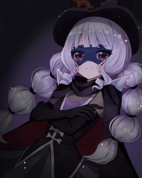 1girl absurdres black_cape black_gloves black_hat black_mask black_skirt black_vest bodysuit cape closed_mouth cowboy_shot crossed_arms dark delicious_party_precure elbow_gloves eye_mask eyelashes gentlu_(precure) gloves grey_bodysuit grey_hair happy hat highres homu_(pixiv_61217676) kasai_amane light_blush light_particles long_hair low_twintails mask miniskirt multi-tied_hair pleated_skirt precure purple_background purple_eyes purple_tube_top red_cape shoulder_spikes skirt smile solo spikes standing strapless top_hat tube_top twintails two-sided_cape two-sided_fabric very_long_hair vest