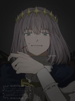 Rule 34 | 1boy, black cape, blood, brown hair, cape, commentary request, diamond hairband, fate/grand order, fate (series), fur cape, grey background, grey eyes, grimace, highres, long sleeves, looking at viewer, looking down, male focus, muted color, nosebleed, oberon (fate), oberon (first ascension) (fate), romo827, shirt, short hair, simple background, solo, twitter username, upper body, watermark, white shirt, wiping blood