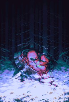 1other abandoned bald bare_tree blood blood_splatter body_horror contra_bonos crossed_ankles curled_up dim_lighting fetus full_body grass highres maggot one_eye_closed original pixel_art reaching reaching_towards_viewer snow solo tree ufo winter