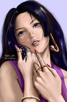 1girl black_eyeshadow blue_eyes boa_hancock bracelet commentary dress earrings eyeshadow fingernails highres instagram_username jewelry long_fingernails long_hair looking_at_viewer makeup one_piece parted_lips purple_background purple_dress ring sidelocks simple_background sleeveless sleeveless_dress snake_earrings solo stupidtako