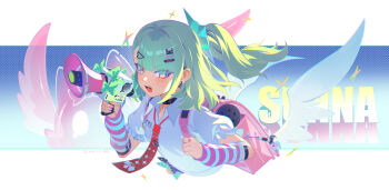 Rule 34 | 1girl, absurdres, arm warmers, backpack, bag, bag charm, character name, charm (object), chinese commentary, collared shirt, commentary request, cropped torso, earrings, fled, green hair, hair ornament, hairclip, highres, holding, holding megaphone, jewelry, long hair, looking at viewer, megaphone, necktie, one side up, open mouth, pink bag, red necktie, shirt, small sweatdrop, solo, striped arm warmers, sunna (zenless zone zero), white shirt, winged bag, zenless zone zero
