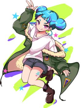Rule 34 | 1girl, akane (akane112234), arm up, black shorts, black socks, blush, boots, brown boots, closed mouth, commentary, dot nose, double horizontal stripe, full body, green jacket, highres, jacket, long sleeves, looking at viewer, off shoulder, open clothes, open jacket, original, shirt, short shorts, shorts, sleeves past wrists, smile, socks, solo, star (symbol), striped clothes, striped socks, untranslatable commentary, w, white shirt