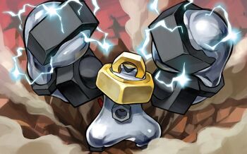 arms_up closed_eyes dust electricity gen_7_pokemon melmetal metal_skin mythical_pokemon nc_empire_(circle) nintendo nut_(hardware) official_art one-eyed pokemon pokemon_(creature) pokemon_focus pokemon_tcg solo third-party_source
