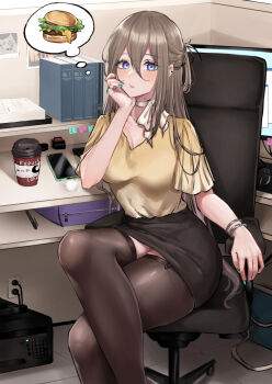 1girl atelier_live bag black_skirt black_thighhighs blue_nails book bracelet breasts burger cellphone chair cheese commentary_request computer computer_mouse computer_tower crossed_legs cubicle cup disposable_cup dog earrings elbow_rest expressionless expulse feet_out_of_frame food hair_between_eyes half_updo handbag head_in_hand head_rest indoors jewelry large_breasts lettuce light_brown_hair long_hair looking_at_viewer monitor nail_polish nanatsuki_nana neck_ribbon office_chair office_lady original paper_stack pencil_skirt phone photo_(object) ribbon shirt skirt smartphone solo speech_bubble stud_earrings swivel_chair thighhighs thought_bubble tile_floor tiles very_long_hair virtual_youtuber yellow_shirt