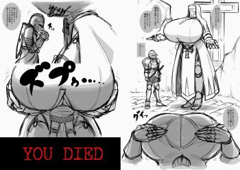 1boy 1girl armor between_breasts breast_smother breasts character_request cross dark_souls_(series) face_to_breasts full_body gauntlets giant giantess gigantic_breasts habit head_between_breasts height_difference helm helmet highres kiyoshi2431 leg_armor nun own_hands_clasped praying priestess self_exposure sequential speech_bubble spot_color standing sweat translation_request underboob undercleavage you_died