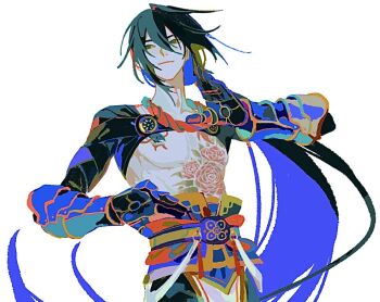 1boy black_hair epaya_hakase fate/grand_order fate_(series) fighting_stance flower_tattoo green_eyes long_hair looking_to_the_side male_focus ponytail simple_background smirk solo tattoo toned toned_male upper_body white_background yan_qing_(fate)