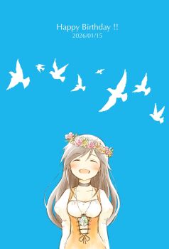 1girl bird black_choker blue_background blush brown_hair choker closed_eyes commentary_request dated dress english_text facing_viewer final_fantasy final_fantasy_iv garnet_til_alexandros_xvii happy_birthday head_wreath highres jewelry juliet_sleeves long_hair long_sleeves necklace open_mouth puffy_sleeves sakuma_(en_0) solo upper_body