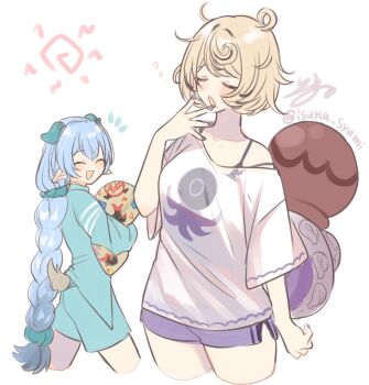 Rule 34 | 2girls, alternate costume, animal ears, blonde hair, blue hair, blush, braid, closed eyes, commentary request, covering own mouth, cowlick, cropped legs, dolphin shorts, goat ears, goat girl, goat horns, goat tail, green pajamas, highres, horns, isuka, long hair, lucia elowen, messy hair, mole, mole under mouth, monster girl, multiple girls, notice lines, open mouth, pajamas, pointy ears, purple nails, purple shorts, scylla, shirt, short hair, short tail, shorts, signature, simple background, suction cups, tail, tentacle girl, tentacle tail, tentacles, twin braids, twitter username, white background, white shirt, yawning, yidhari murphy, zenless zone zero