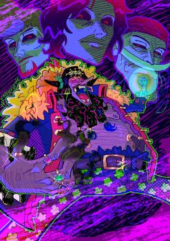 4boys absurdres bandana beard belt black_hair chest_hair closed_mouth commentary edward_newgate english_commentary evil_smile facial_hair floral_print freckles hat heneryque highres jewelry long_mustache long_nose male_focus marshall_d._teach multiple_boys multiple_rings mustache one_piece open_mouth pirate_hat pompadour portgas_d._ace purple_theme red_eyes ring ring_on_every_finger scar scar_on_face smile sparkle thatch_(one_piece)