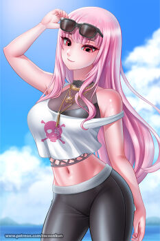 Rule 34 | 1girl, adjusting eyewear, arm at side, arm up, bare arms, bare shoulders, belt, black-framed eyewear, black pants, black shirt, blue sky, center-flap bangs, closed mouth, cloud, commentary, contrapposto, crop top, cropped shirt, cumulonimbus cloud, day, double-parted bangs, eyelashes, eyewear on head, fishnet top, fishnets, gold necklace, grey belt, hair between eyes, hololive, hololive english, jewelry, lips, long hair, midriff, mori calliope, mountain, navel, necklace, outdoors, pants, patreon username, pink hair, racoon-kun, red eyes, see-through cleavage, see-through clothes, see-through shirt, shirt, sidelocks, sky, sleeveless, sleeveless shirt, smile, sparkle, standing, sunglasses, tsurime, very long hair, virtual youtuber, water, watermark, web address, white shirt