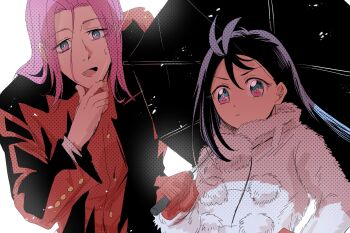 0327mp 1boy 1girl angry black_hair black_umbrella blue_eyes brother_and_sister fang ghost_fixers gloves hand_on_chin hand_on_own_hip highres ibaraki_jissei ibaraki_karin jacket long_hair looking_down pants pink_eyes pink_hair red_gloves red_jacket red_pants siblings smile umbrella vampire white_background