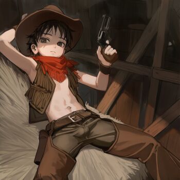 1boy ai-generated armpits bandana belt bulge cowboy_clothes cowboy_hat cowboy_western gun handgun hat hay haystack indoors male_focus navel open_clothes open_vest original pistol red_bandana san_zyuni_pero shota solo vest weapon
