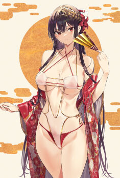 1girl absurdres bare_shoulders beige_background bikini black_hair breasts closed_mouth collarbone cowboy_shot floral_print flower folding_fan groin hair_flower hair_ornament haite_kudasai_takamine-san hand_fan hand_up highres hiiragi_yuuichi holding holding_fan japanese_clothes kimono large_breasts long_hair looking_at_viewer one-piece_swimsuit open_clothes open_kimono red_bikini red_eyes red_flower red_kimono skindentation solo swimsuit takamine_takane thighs underboob very_long_hair white_flower wide_sleeves