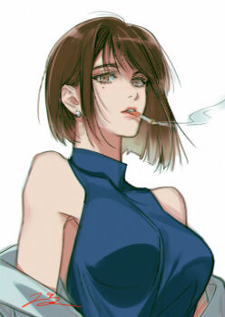 1girl bare_shoulders blowing_smoke blue_shirt bob_cut breasts brown_eyes brown_hair cigarette collarbone commentary cropped_torso earrings ieiri_shoko jacket jewelry jujutsu_kaisen juneseo large_breasts looking_at_viewer medium_hair mole mole_under_eye pink_lips shirt signature simple_background single_earring sleeveless smoke smoking solo solo_focus symbol-only_commentary white_background white_jacket