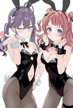 2girls ahoge animal_ear_hairband animal_ears bare_shoulders black_leotard blowing_kiss blue_eyes blush bow bowtie breasts brown_hair butterfly_hair_ornament cleavage covered_navel detached_collar fake_animal_ears fake_tail gakuen_idolmaster hair_bun hair_ornament hairband hanami_saki highleg highleg_leotard highres idolmaster kamitosayu kaya_rinha leotard long_hair looking_at_viewer medium_breasts multiple_girls one_eye_closed pantyhose playboy_bunny purple_hair rabbit_ear_hairband rabbit_ears rabbit_tail simple_background small_breasts strapless strapless_leotard tail twintails two_side_up white_background white_wrist_cuffs wrist_cuffs