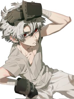 1boy bandaged_hand bandages closed_mouth collarbone commentary_request corrupted_twitter_file gachiakuta gloves grey_pants grey_shirt hair_between_eyes hand_on_own_head highres kkk_min21 korean_commentary looking_at_viewer male_focus pants red_eyes rudo_surebrec shirt short_hair short_sleeves simple_background skinny solo white_background white_hair