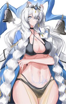 1girl absurdres animal_ear_fluff animal_ears arknights arm_behind_back arm_under_breasts bell bikini black_bikini blue_eyes blue_shawl braid breasts chinese_commentary cleavage closed_mouth commentary_request cowboy_shot full_cleavage grey_hair hair_between_eyes head_tilt highres huge_breasts jewelry long_hair long_sleeves looking_at_viewer madana_gege navel pramanix_(arknights) pramanix_the_prerita_(arknights) shawl signature simple_background snow_leopard_ears snow_leopard_girl solo stomach swimsuit tiara twin_braids very_long_braid very_long_hair white_background wide_hips