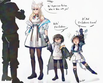 3girls aged_down animal_ears arknights arknights:_endfield bare_shoulders black_gloves black_hair black_jacket chen_qianyu_(arknights) coat dragon_girl dragon_horns dragon_tail dress endministrator_(arknights) english_text female_endministrator_(arknights) gloves highres holding holding_hands horns jacket long_hair long_sleeves multiple_girls off_shoulder open_clothes open_jacket open_mouth pantyhose perlica_(arknights) short_hair sleeveless sleeveless_dress sweater tail twintails umilini2 white_background white_dress white_jacket