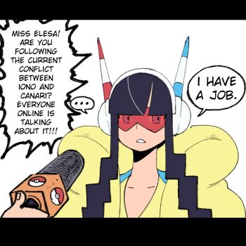... 1girl 1other black_hair blunt_bangs coat collarbone elesa_(pokemon) english_text glasses headphones holding holding_microphone long_hair looking_at_viewer microphone nintendo open_mouth pokemon pokemon_bw2 sidelocks solo_focus speech_bubble upper_body wanderjegson yellow_coat