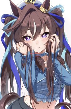 1girl animal_ears blue_choker blue_ribbon blue_shirt blush brown_hair choker closed_mouth commentary_request hair_ribbon hat highres horse_ears horse_girl horse_tail korokoro_nekoz long_hair long_sleeves midriff navel ribbon shirt simple_background smile solo tail umamusume vivlos_(umamusume) white_background white_hat
