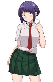 1girl absurdres audio_jack boku_no_hero_academia breasts closed_mouth earplugs green_skirt hair_between_eyes highres jiro_kyoka kobaji long_earlobes necktie purple_eyes purple_hair red_necktie school_uniform shirt short_hair skirt smile solo u.a._school_uniform white_background white_shirt