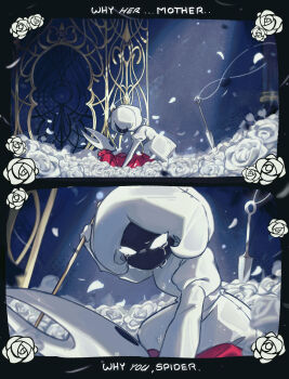 2girls absurdres cloak crying crying_with_eyes_open dress elevator english_text flower highres hollow_knight hollow_knight:_silksong hornet_(hollow_knight) lace_(hollow_knight) mask momoiiroo multiple_girls needle_(hollow_knight) pin_(hollow_knight) red_cloak solid_eyes tears white_dress white_flower white_hair
