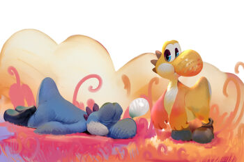 black_shoes blue_eyes blue_yoshi brown_shoes closed_eyes colored_skin dated_commentary highres looking_at_viewer lying mario_(series) multicolored_skin nintendo no_humans on_stomach shoes sketch sleeping standing two-tone_skin white_background winpuss yellow_yoshi yoshi