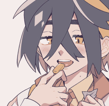 1boy blueberry_academy_school_uniform candy caramel colored_inner_hair crossed_bangs food hairband highres holding holding_candy holding_food jacket kieran_(pokemon) mole mole_on_neck multicolored_hair naruse_makoto nintendo open_mouth pokemon pokemon_sv school_uniform short_hair solo teeth two-tone_hair upper_teeth_only white_jacket yellow_eyes yellow_hairband