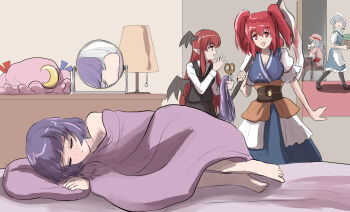 5girls :d apron barefoot basket bat_wings bed_sheet black_pantyhose black_skirt black_vest black_wings blue_dress blue_kimono breasts brown_footwear brown_sash chain cleavage coin coin_on_string collared_shirt cup cutting_another's_hair cutting_hair demon_girl demon_wings desk desk_lamp dress drinking frilled_apron frilled_dress frills grey_hair hat head_wings holding holding_basket izayoi_sakuya japanese_clothes kimono koakuma lamp loafers long_hair long_sleeves medium_hair mirror mob_cap mug multiple_girls namiki_(remiter00) nude nudist onozuka_komachi open_mouth pantyhose patchouli_knowledge pink_dress pink_hat pointy_ears puffy_short_sleeves puffy_sleeves red_eyes red_hair remilia_scarlet scissors scythe shirt shoes short_hair short_sleeves sidelocks sitting sketch skirt sleeping small_breasts smile table teacup touhou very_long_hair vest waist_apron walking white_apron white_shirt wings